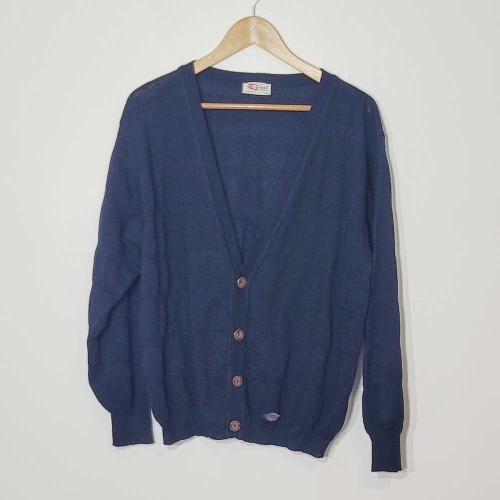 Giuliano Italy Vintage Navy Wool Blend Knitted Grandpa Cardigan Lightweight Prep